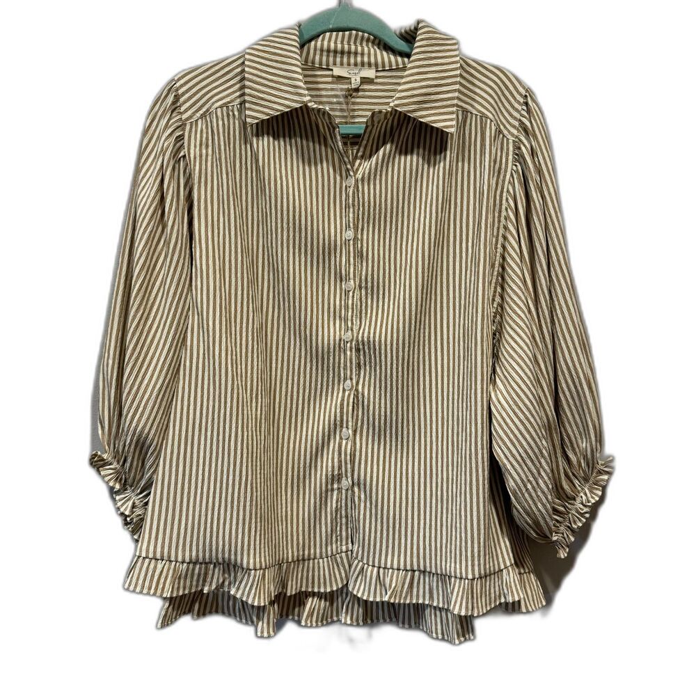 NWT Easel Button Up Top Striped Blouse Puff Sleeve Peasant Preppy Women sz Small